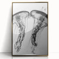 Close-up water droplets image in gold frame, acrylic print, with mid-century modernist style.