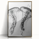 Close-up water droplets image in gold frame, acrylic print, with mid-century modernist style.
