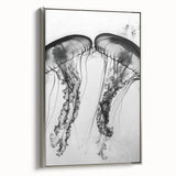 Close-up landscape art painting of water, in muted blue and gray colors on a silver-framed canvas.