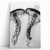 Close-up black and white photo of water droplets on a leaf, printed on large stretched canvas, ideal for kitchen wall art.
