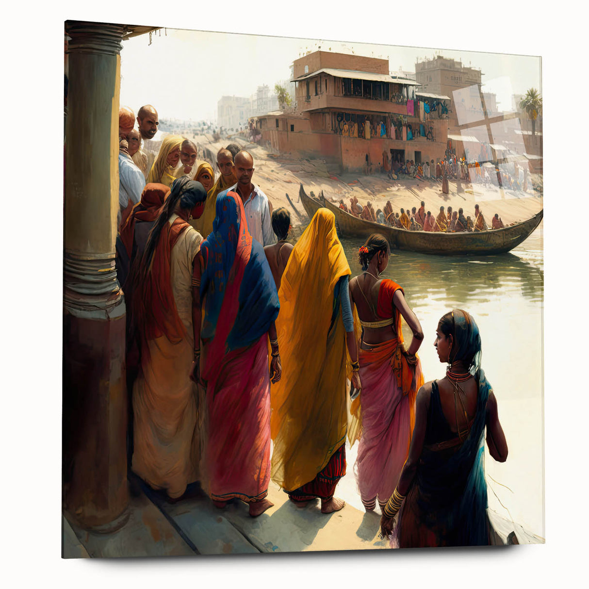 Large abstract acrylic print of Indian scenery in vibrant hues, suitable for bedroom or dining room decor.