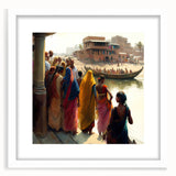 Abstract art print of an Indian landscape in muted earth tones on a framed white mat, suitable for dining room decor.