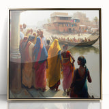 Framed acrylic print of a mid-century modernist Indian landscape in gold and earth tones, suitable for modern art wall decor.