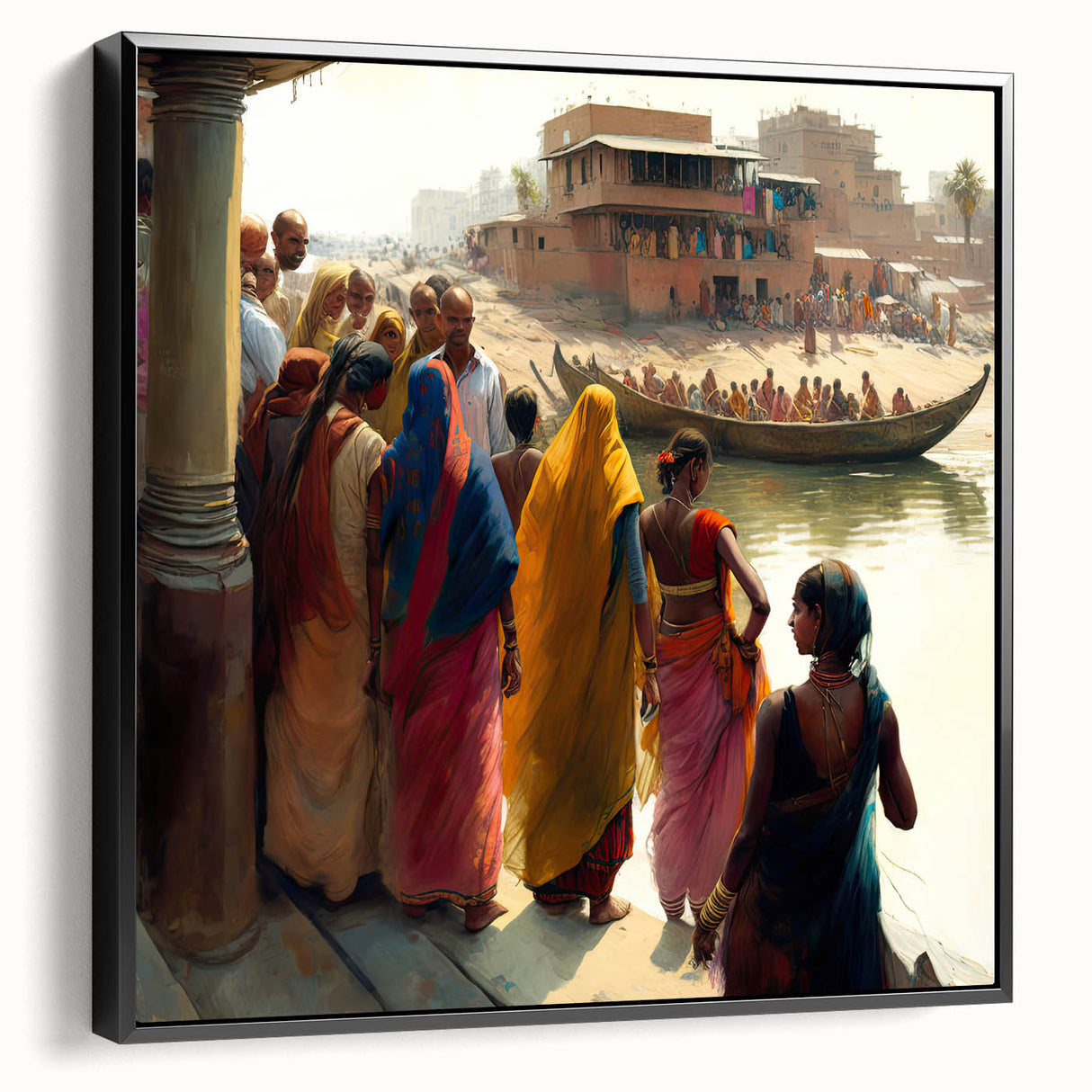 Black and white vintage poster art of an Indian landscape on framed canvas, ideal for bedroom wall decor.