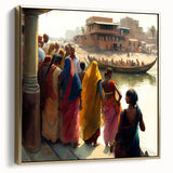 Framed canvas landscape art of an Indian scenery in silver and gold tones, ideal for bedroom wall decor.