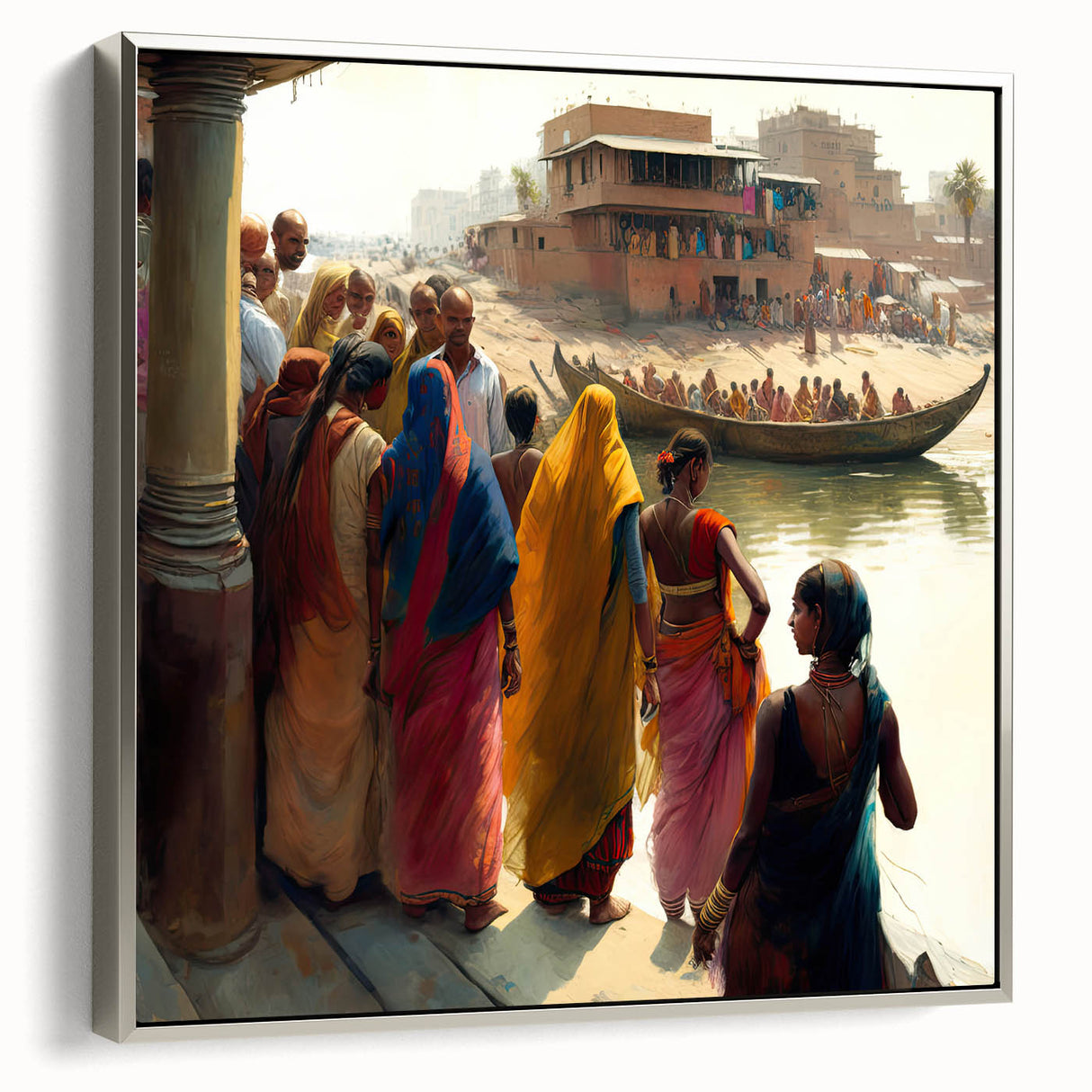 Landscape art painting of an Indian scenery on framed canvas, featuring vibrant colors with a vintage poster style.