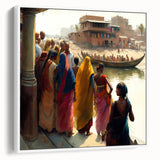 Vintage poster art of a scenic Indian landscape in vibrant colors on a large framed canvas, ideal for living room decor.