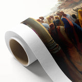 A serene landscape of a traditional Indian village on rolled canvas, using earth tones, ideal for nursery wall art.