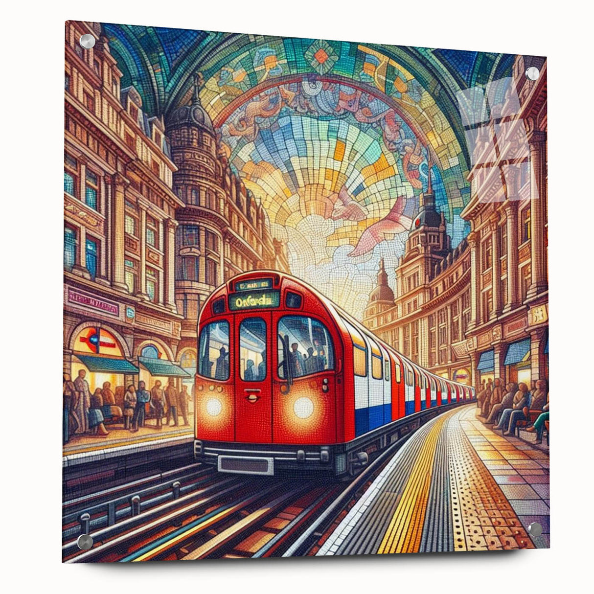 Acrylic print of London skyline in muted gray and blue tones, ideal for dining room decor.
