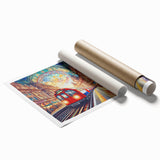 Large rolled print of a London cityscape featuring soft pastel colors, ideal for classy bathroom wall art.