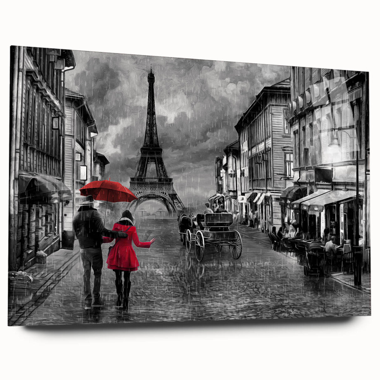 Large abstract depiction of Paris scenery in muted blue and gray tones on acrylic glass.