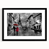 Extra large abstract art print of Paris scenery in colorful, textured style on black framed canvas.