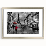 Extra large abstract art print of a textured Paris scenery in muted gray tones, framed in silver.