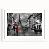 Textured art print of abstract Paris scenery in muted earth tones, framed with a white mat, ideal for bedroom decor.