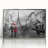 Large art print of a Parisian street scene in muted colors on framed acrylic, ideal for modern nursery wall decor.
