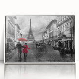 Mid-century modernist Paris skyline in muted gray tones, acrylic print, ideal for modern art wall decor.