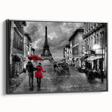 Black and white landscape art painting of Paris, framed canvas in vintage poster style, suitable for bedroom decor.