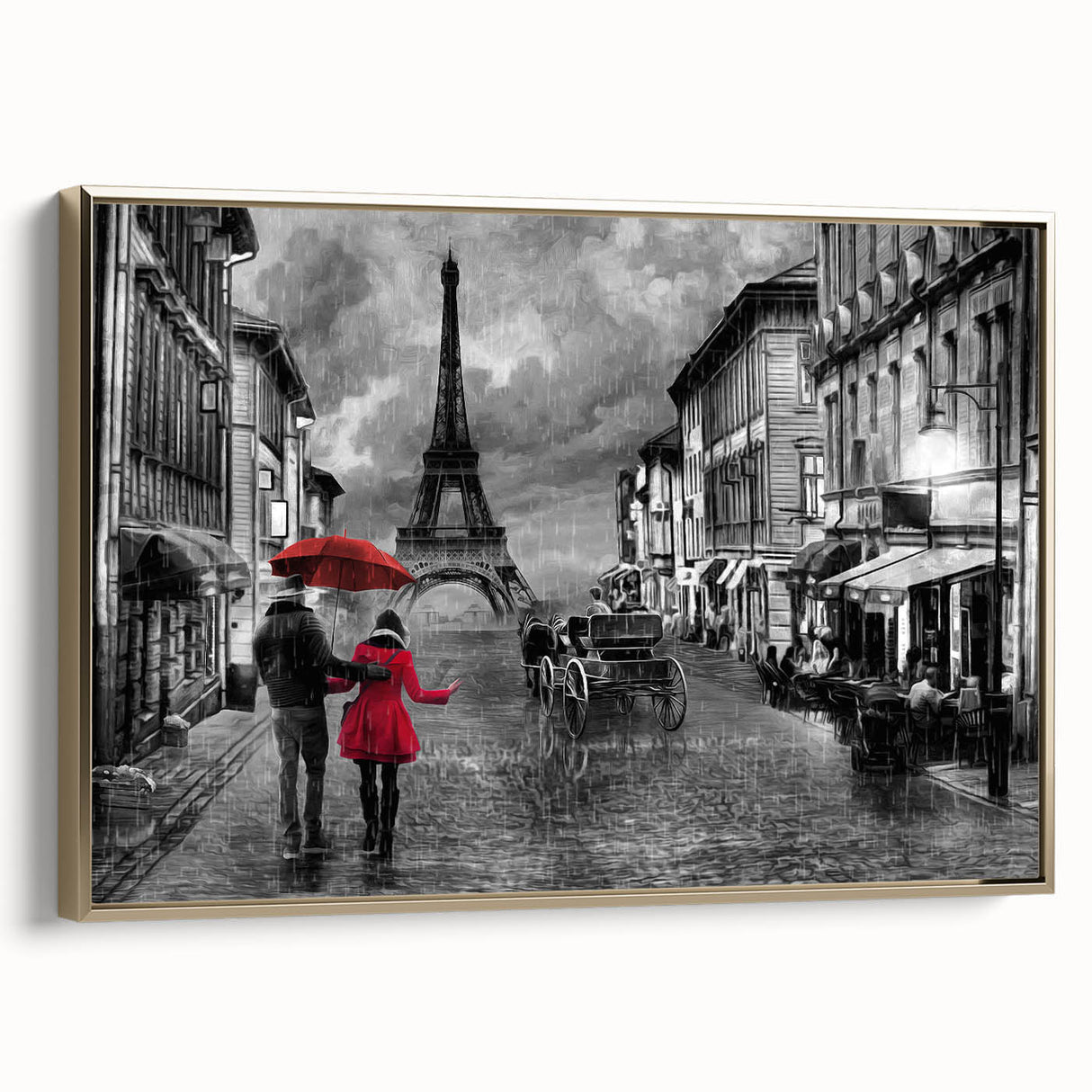 Vintage poster art of Paris landscape, featuring muted gray and gold tones on framed canvas, ideal for bedroom wall decor.