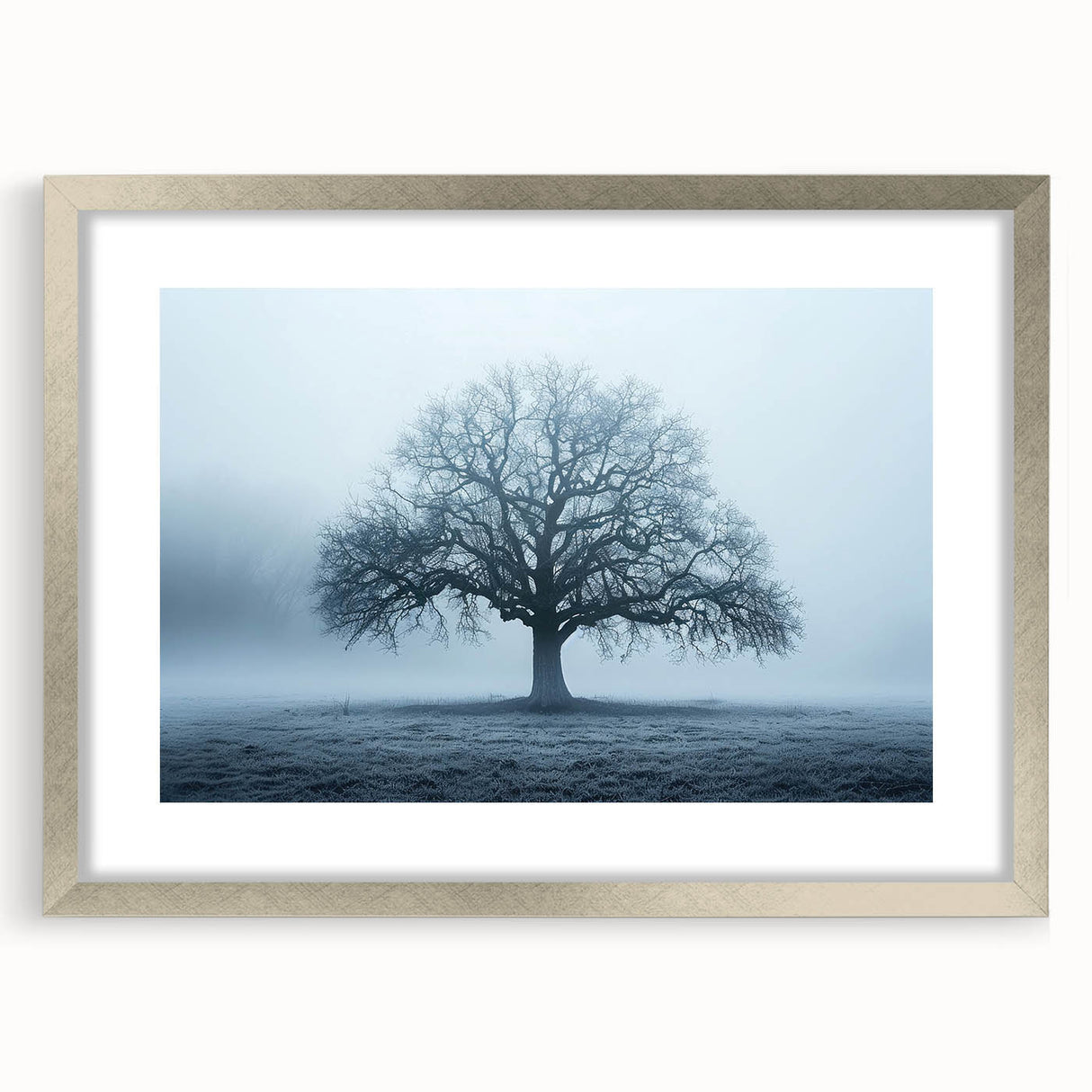 Extra large abstract art print depicting a textured European landscape in muted earth tones, framed in silver.