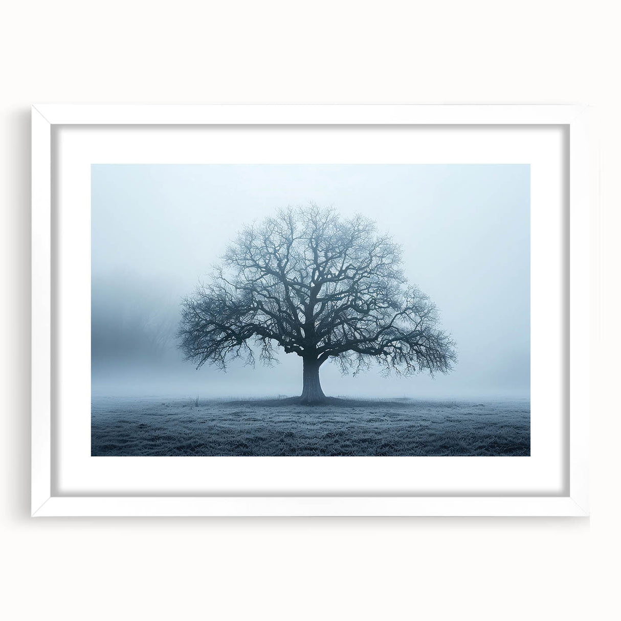 Textured art print featuring abstract, muted shades of blue and gray, framed in white, ideal for bedroom ambiance.