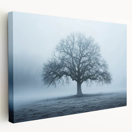 Large canvas print of a serene European landscape in soft blue and green tones, suitable for kitchen wall art.