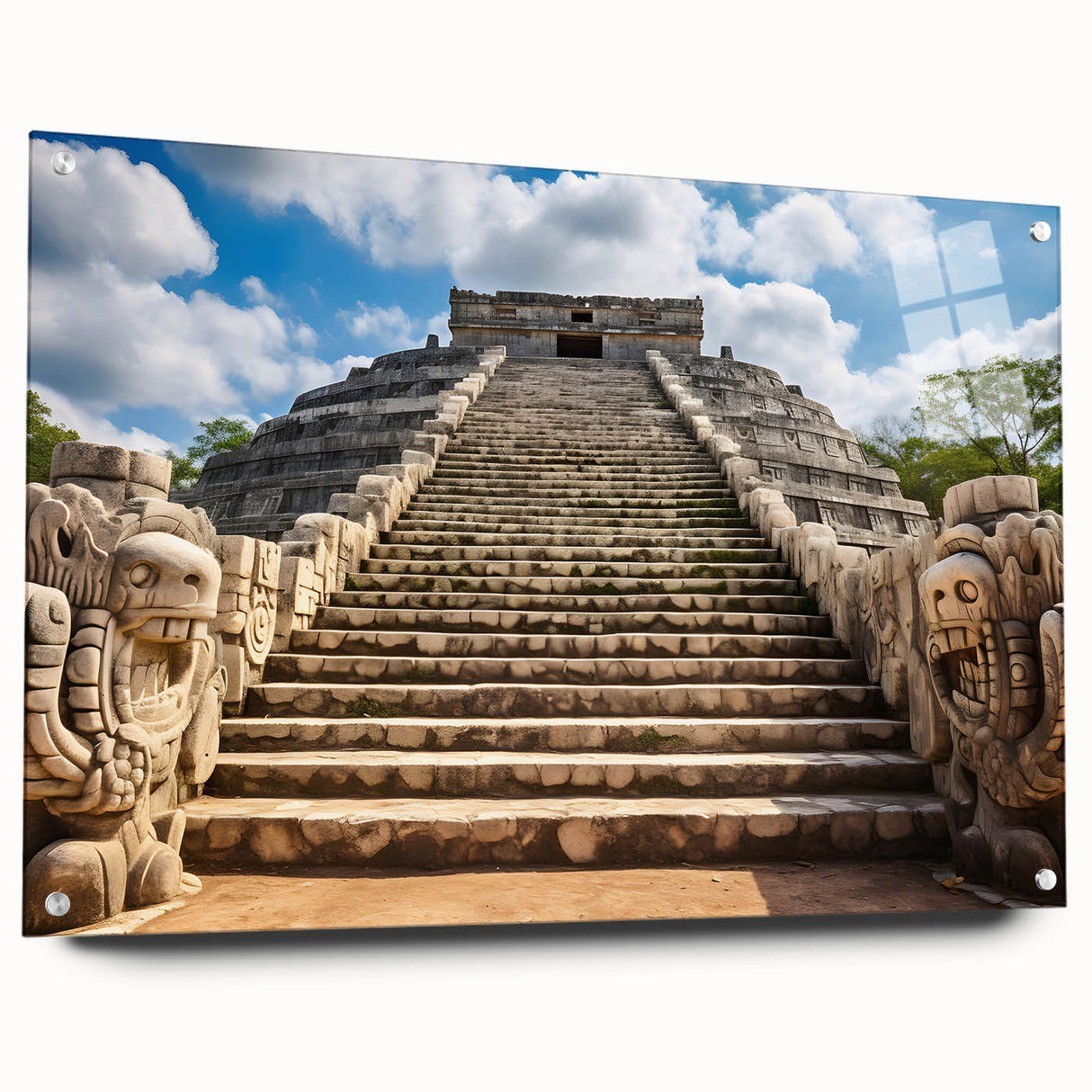 Acrylic print of a Yucatan landscape with lush greenery and a serene lake, suitable for dining room decor.