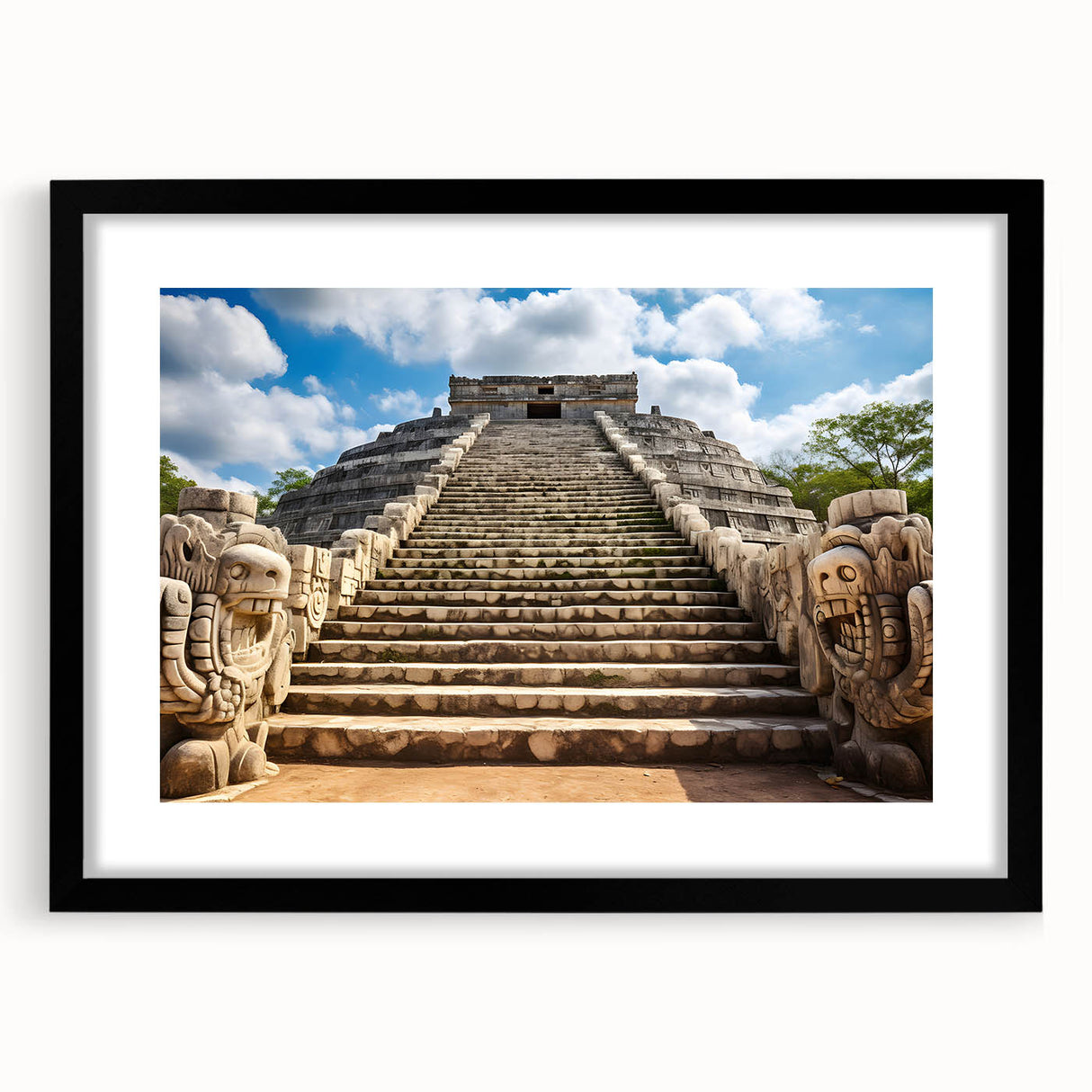 Colorful abstract art print of Yucatan scenery in vibrant hues, framed in black.