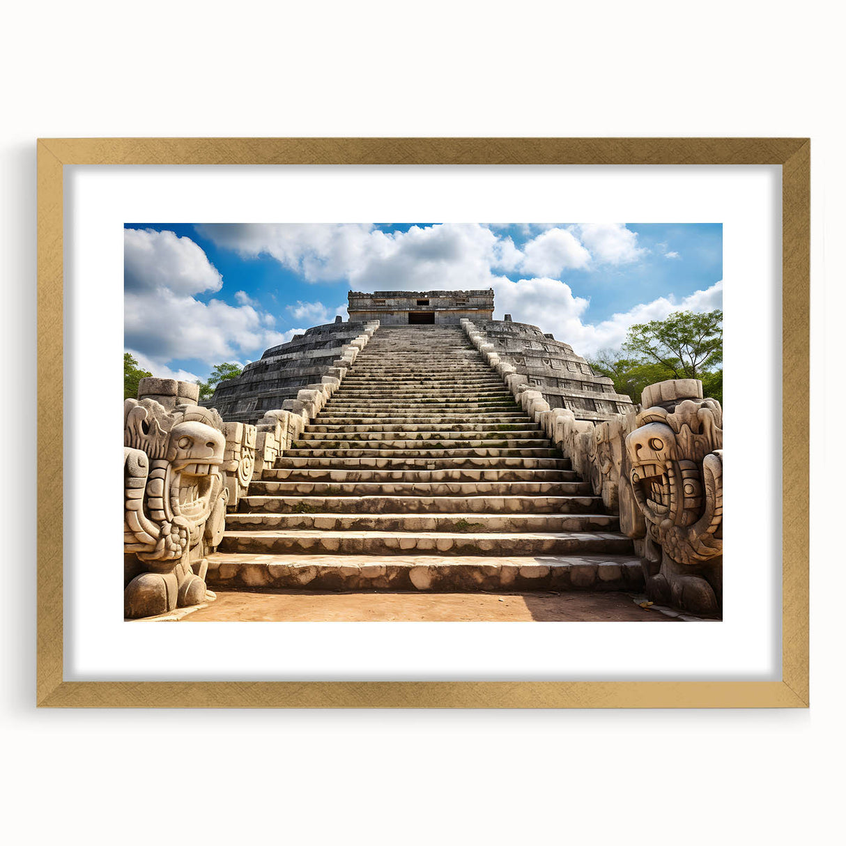 Extra large abstract art print of Yucatán scenery in gold frame with textured details, suitable for living room decor.