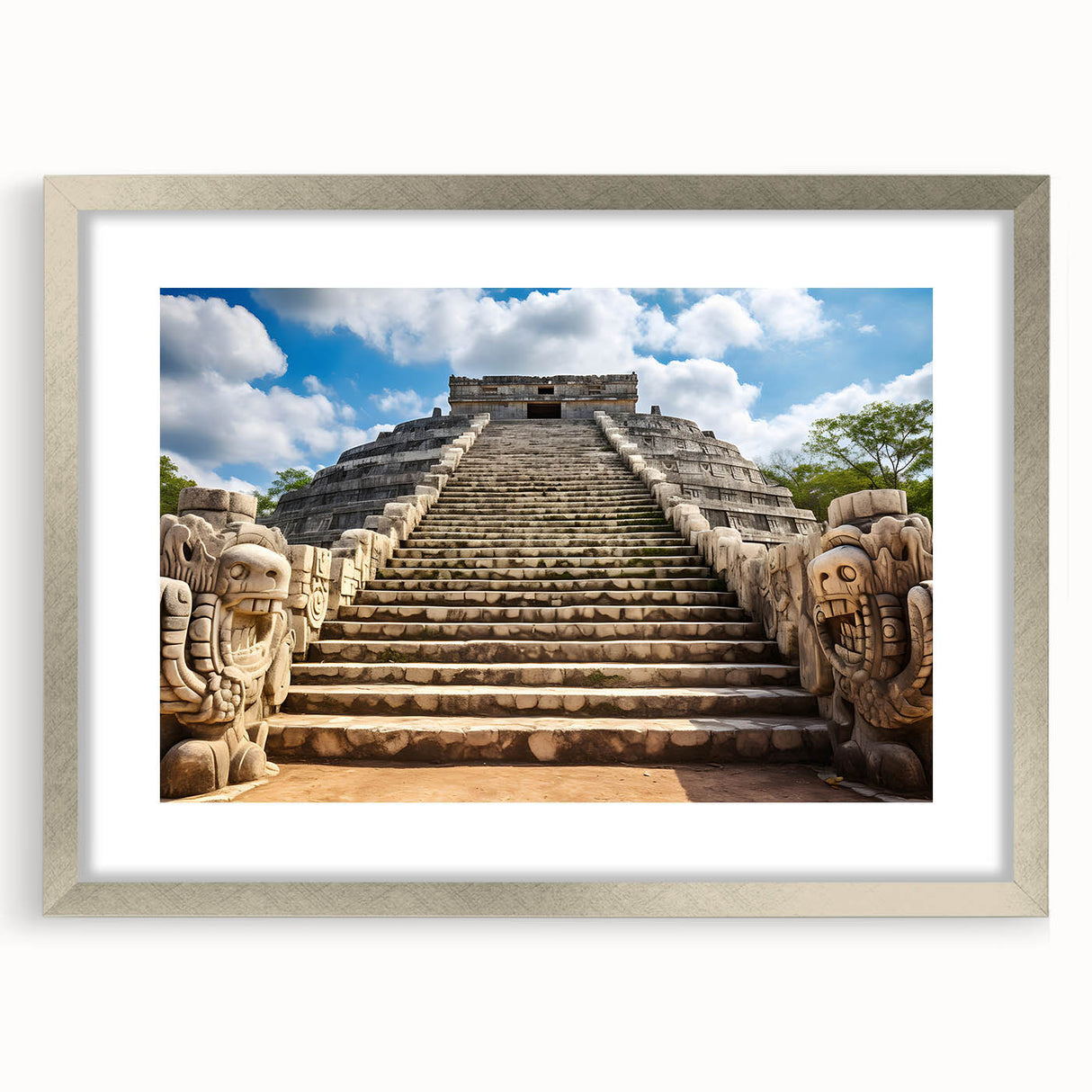 Textured abstract art print depicting a serene Yucatan scenery in muted earth tones, framed in silver.
