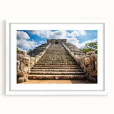 Abstract art print of a Yucatan scenery in muted earth tones on a white framed canvas, suitable for dining room decor.