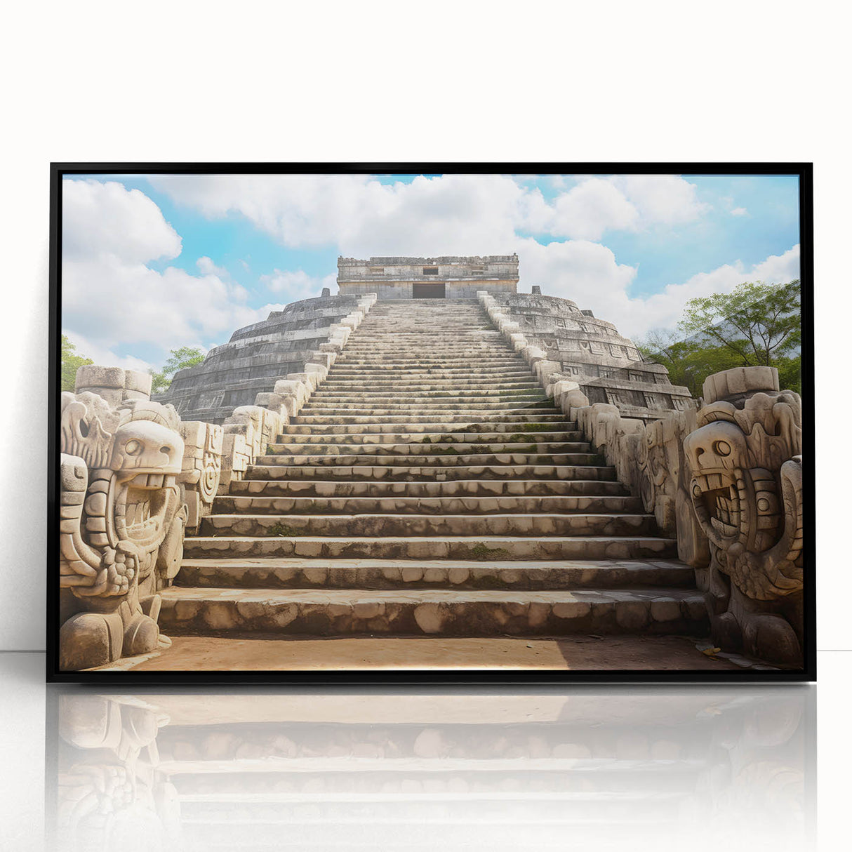 Large abstract wall art featuring a Yucatan scenery in mid-century modernist style with vibrant colors on a framed acrylic.