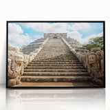 Large abstract wall art featuring a Yucatan scenery in mid-century modernist style with vibrant colors on a framed acrylic.