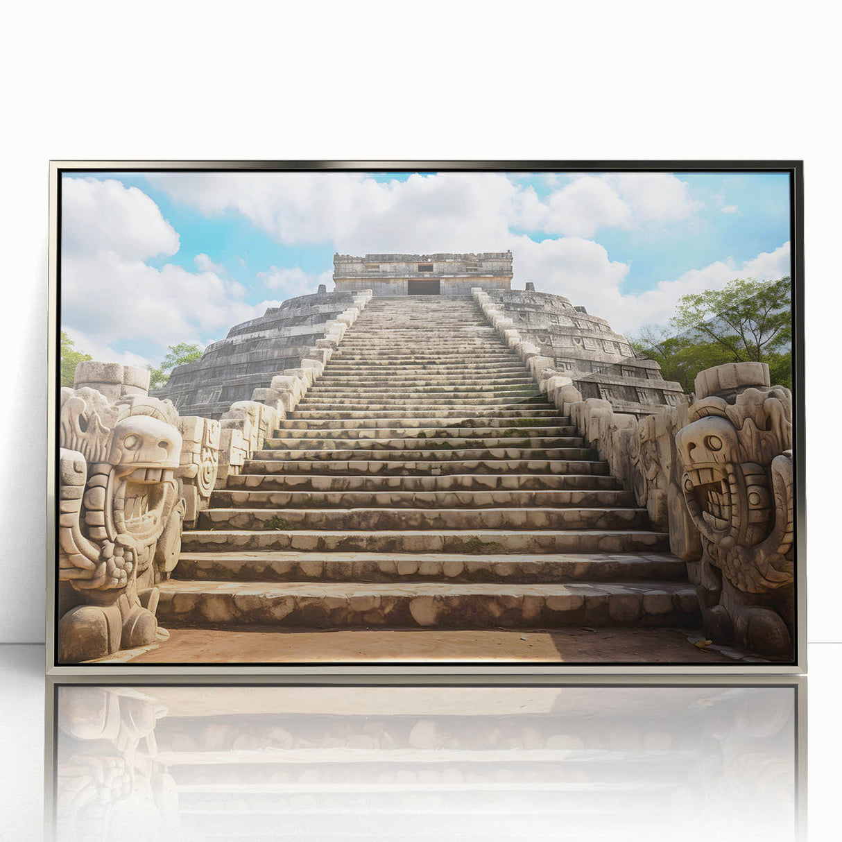 Mid-century modernist art featuring a Yucatán scenery in muted earth tones, framed in silver acrylic.