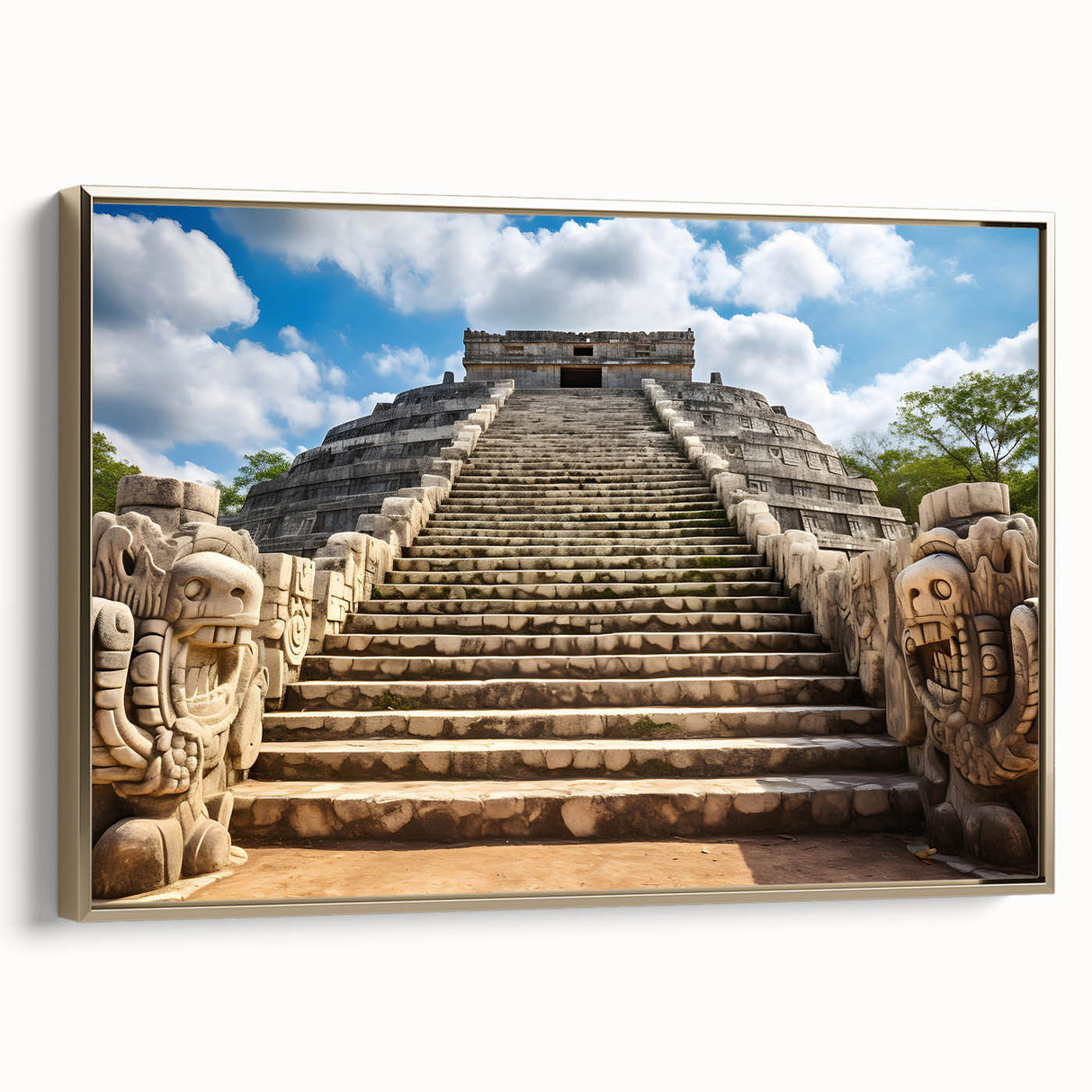 Framed canvas wall art depicting vintage-style Mexican Yucatan landscape in black and gold tones, ideal for bedroom decor.
