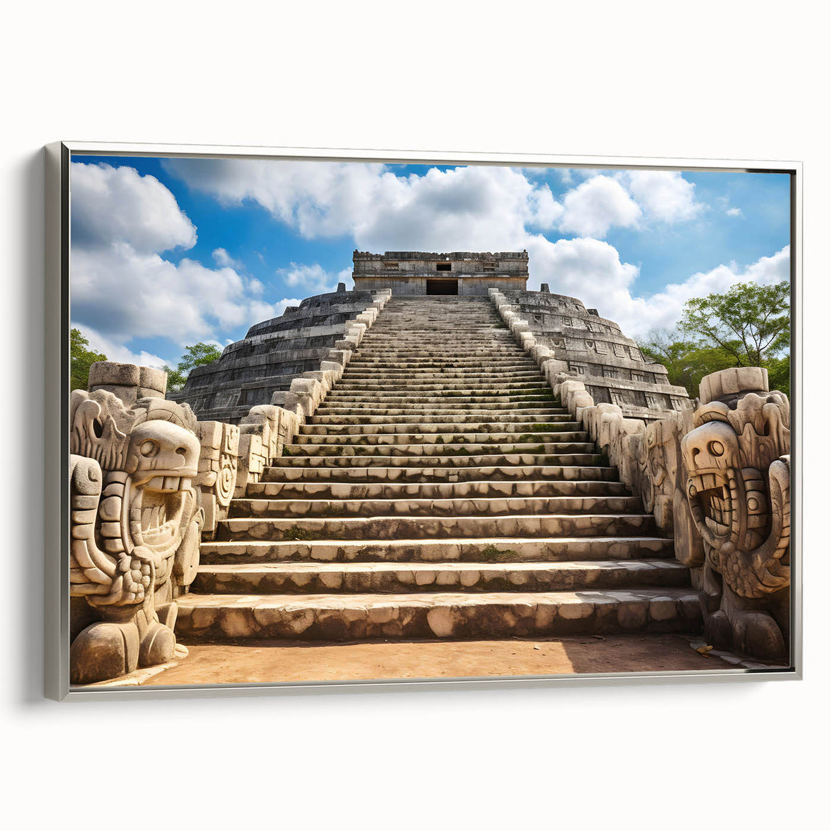 Framed canvas landscape art painting featuring a vintage poster style Mexican Yucatan scenery in colorful art tones.