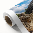 Art deco poster of Yucatan scenery on rolled canvas, featuring muted earth tones.
