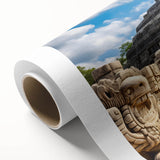 Art deco poster of Yucatan scenery on rolled canvas, featuring muted earth tones.