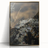 Large art print of a mid-century modernist autumn scene in gold tones, framed acrylic, suitable for nursery wall decor.