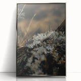 Mid-century modernist art depicting autumn trees in vibrant orange and red on a silver-framed acrylic print.