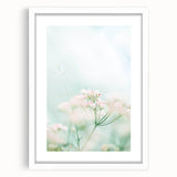 Abstract art print featuring vibrant spring colors on a white framed canvas, ideal for dining room or bedroom decor.