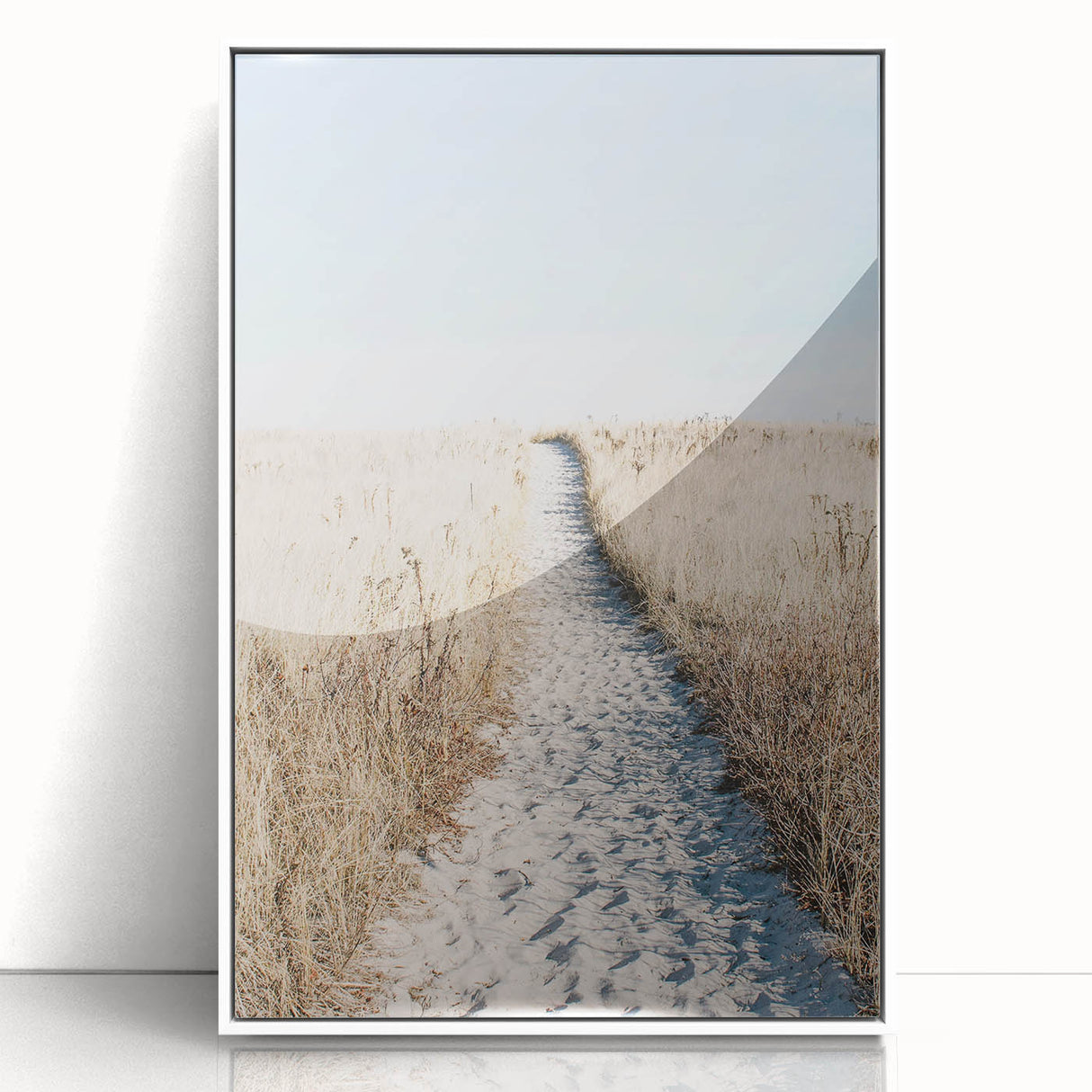 Art deco poster featuring a stylized summer scene with vibrant colors on a white acrylic frame.