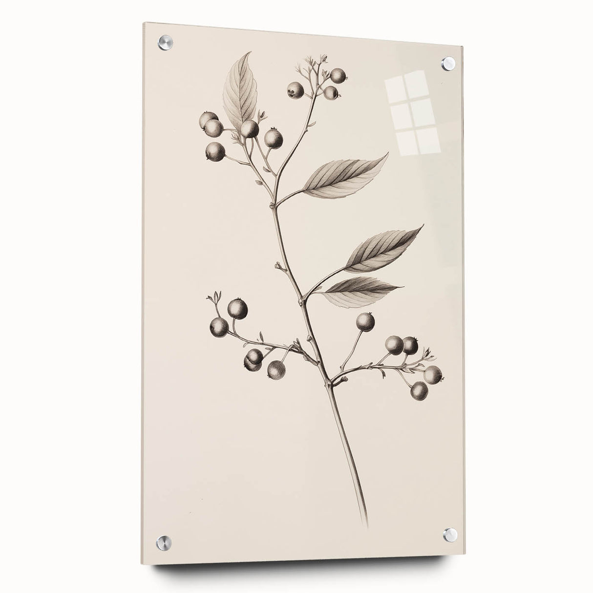 Large abstract wall art on acrylic glass depicting winter season in muted blue and white tones.