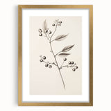 Extra large abstract art print with textured winter theme in muted blue and white, framed in gold.