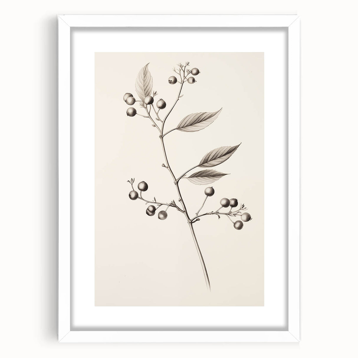 Abstract art print depicting winter season in muted blue and white tones, framed with a white mat.