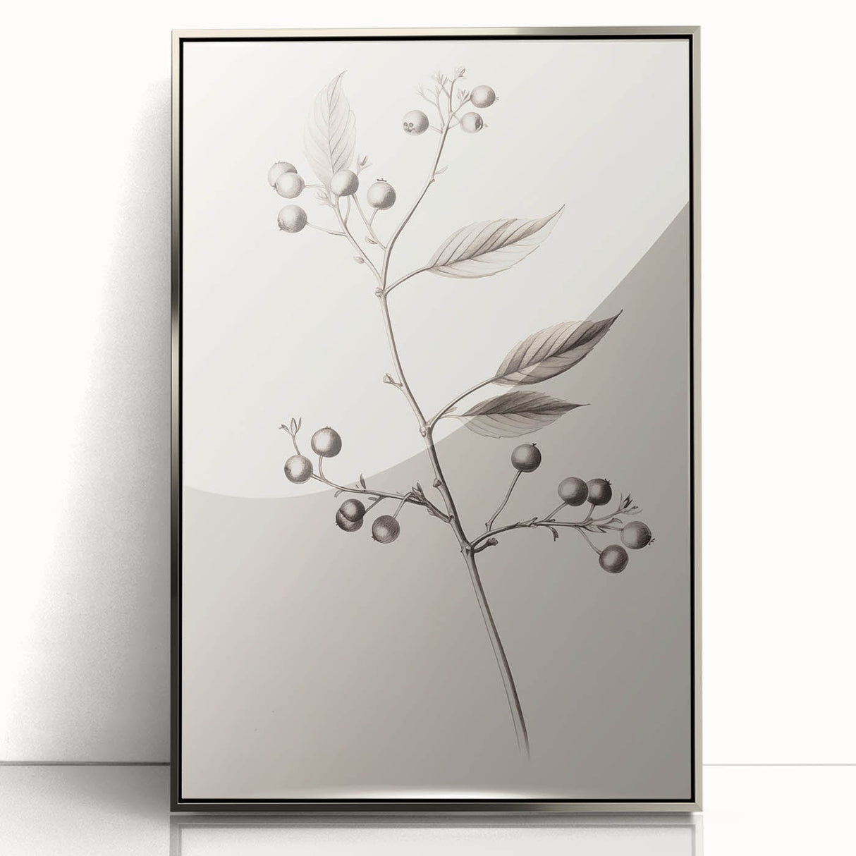 Mid-century modernist art depicting a winter scene in muted blue and silver tones, framed acrylic.