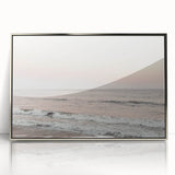 Mid-century modernist art featuring geometric shapes in pastel shades on a silver-framed acrylic print.