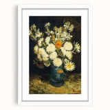 Textured abstract art print in muted blue and green, framed in white, suitable for bedroom decor.