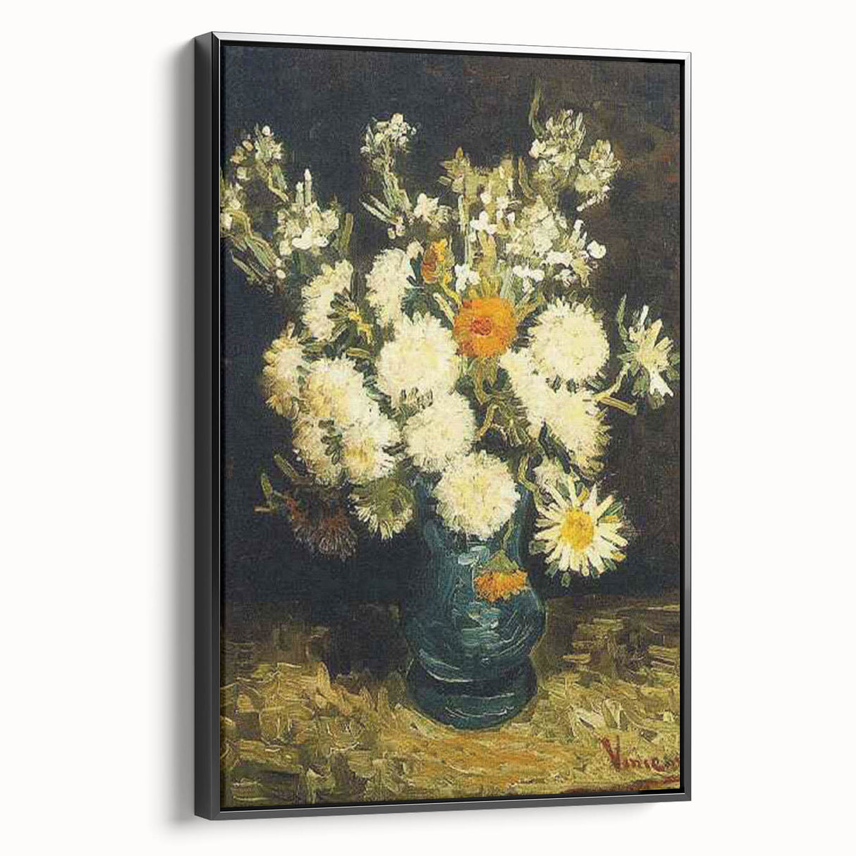 Side view of a black and white framed canvas depicting a Van Gogh-inspired landscape, ideal for bedroom wall art.