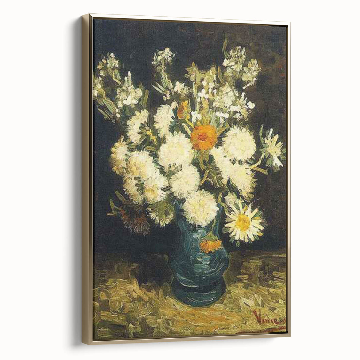 Vintage poster art depicting a landscape, framed in gold on canvas, ideal for bedroom wall decor.