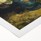 Art deco poster featuring a geometric pattern in bold black and gold on rolled canvas, suitable for dining room decor.